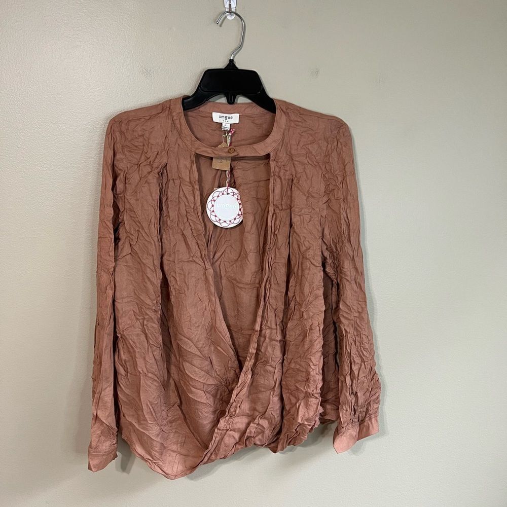 Umgee Mauve Brown Crinkled Long Sleeve Blouse